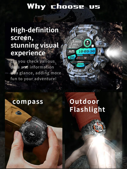 Time Owner New Men's Outdoor Sports Smart Watch Flashlight Compass Heart Rate Monitoring Smart Bracelet Military Waterproof