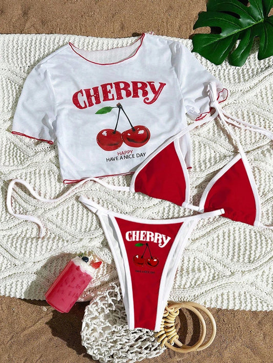 CHERRY Bikini 2026 New Sexy & Fresh Feeling Bathing Suit Three-Piece Swimsuit Print Beach Swimwear 7 Colors Size S-XL Available