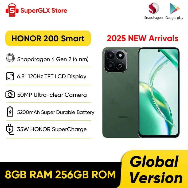 2025 New HONOR 200 Smart Global Version Snapdragon 4 Gen 2 5G Smartphone 6.8'' 120Hz TFT LCD Display 35W HONOR SuperCharge IP64