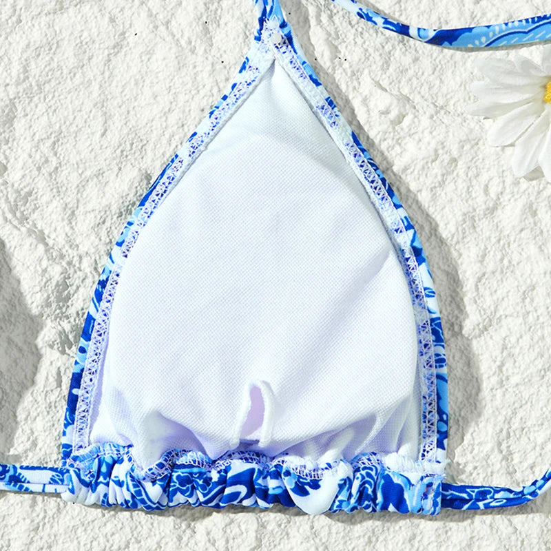 Blue White Porcelain Printing Halter String Triangle Two Piece Bikini Women Swimsuit Separate Beach Wear Adjust Lace-up Swimsuit