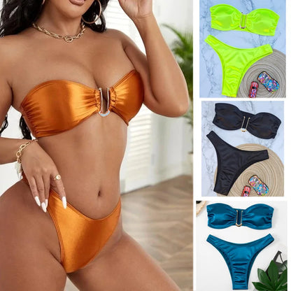 High Waist Swimsuit Women Push Up Beachwear Sexy Bandeau Bathing Suit Maillot De Bain Femme Bikini Summer Swimwear Women