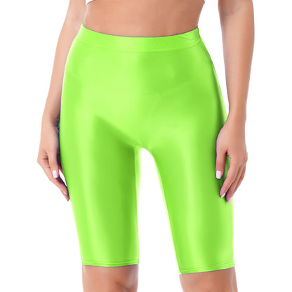 Women Glossy Shorts High Waist Fitness Short Leggings Oil Shiny Knee-Length Tights Swimming Trunks Female Workout Sports Bottoms