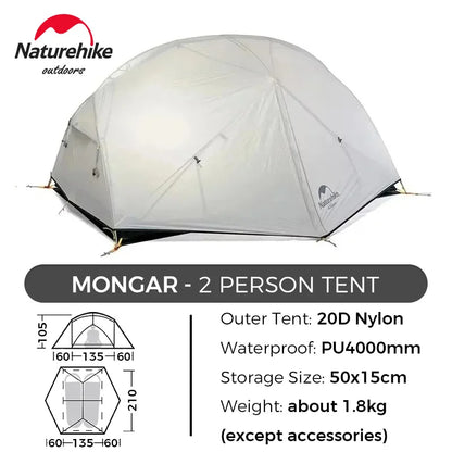 Naturehike Mongar 2 Person Tent Ultralight Camping Tent Outdoor Travel Tent Double Layer Waterproof Tent 3 Season Portable Tent