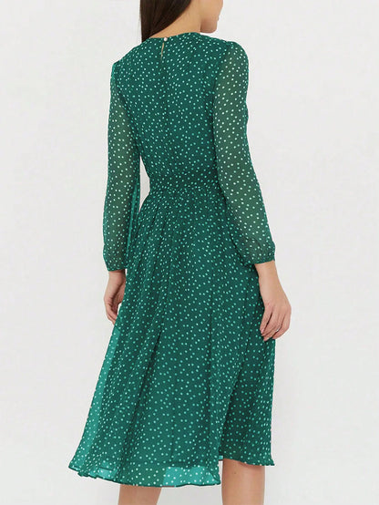 Print Dot Dress Women Casual Long Sleeve Round Neck Midi Dresses Lace Up Vocation Elegant Vestidos Summer 2025 Y2k Streetwear