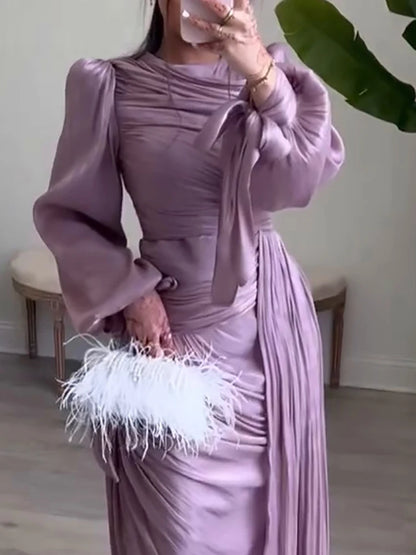Fashion Lantern Sleeves Autumn Party Dress 2025 Elegant Solid Color Lace Up Dress Ladies O-neck High Waisted Pleated Long Dress