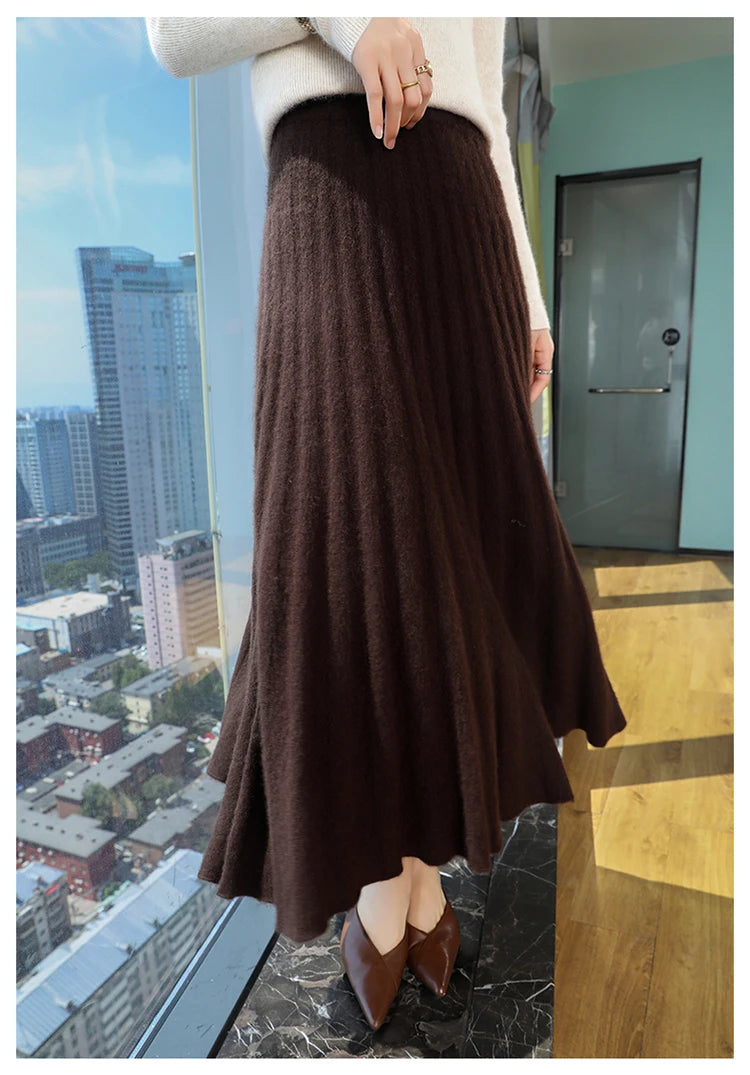 mink cashmere skirt Fashion long dress women A-line skirt autumn winter loose pleated skirt elegant high-waisted skirt ladies