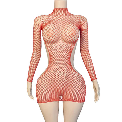 Women Fishnet Long Sleeve Bodycon Underwear Bodysuits Mesh Hollow Mini Dresses Sexy Crotchless Lingerie Erotic Teddies Bodysuit