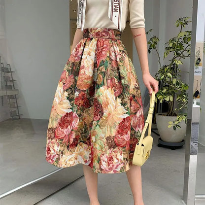 High-End Temperament Jacquard Hollow Out Elastic Waist Irregular Skirts 2023 Vintage All-match A-line Skirt Streetwear Long Skir