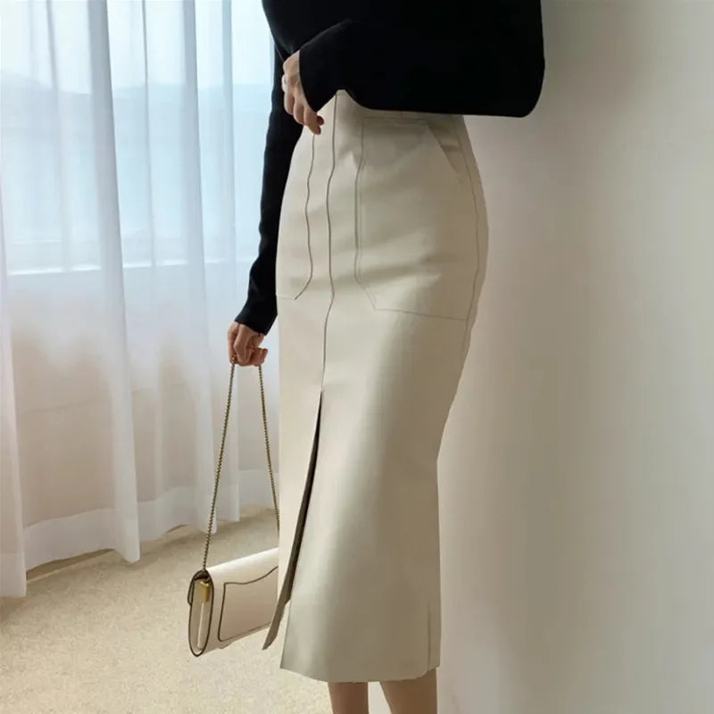 CM.YAYA Women High Waist PU Leather Vintage Straight Split Skirt 2025 Winter Street Pockets Basic Club Party Long Midi Skirts