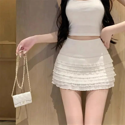Sweet And Spicy Korean Style High Waist Pleated Mini Skirt Women's Summer New Fashion Lace Wrap around Short Skirt