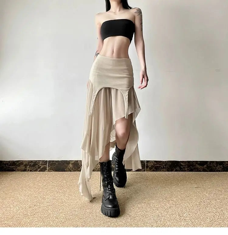 Deeptown Vintage Sexy Slit Skirt Women Y2k Elegant Irregular Sweet Ruffle Skirts Korean Style Tulle Streetwear Layered Skirts