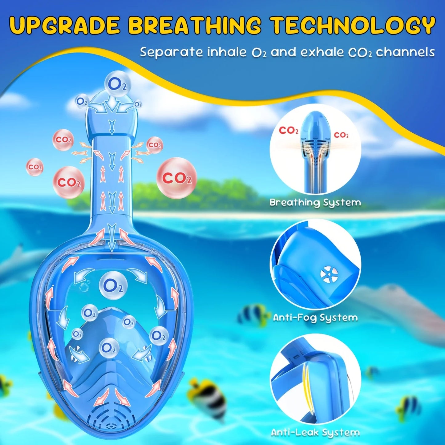 Kids Snorkel Mask Anti-Fog Leak-Proof Soft Silicone Design Easy to Wear Diving Mask Underwater Scuba Full Face 360° Panoramic