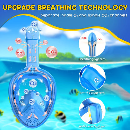 Kids Snorkel Mask Anti-Fog Leak-Proof Soft Silicone Design Easy to Wear Diving Mask Underwater Scuba Full Face 360° Panoramic