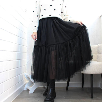 Hirsionsan Pleated Cake Skirts Women 2024 New Korean Harajuku Sweet Lace Skirt Ladies Elegant Party Ball Gown Female Mesh Skirt