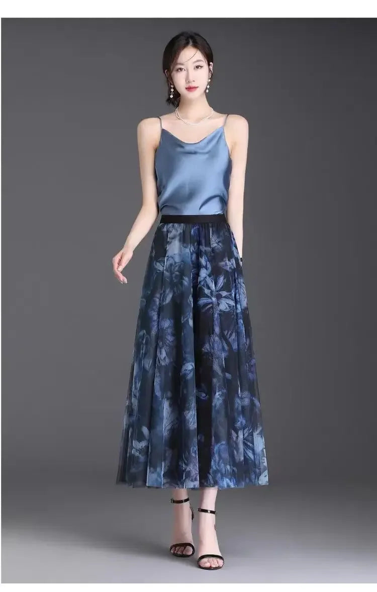 2025 High-waisted Slim Printed A-line Large Hem Skirt with Long Skirt Temperament, Fashionable and High-end