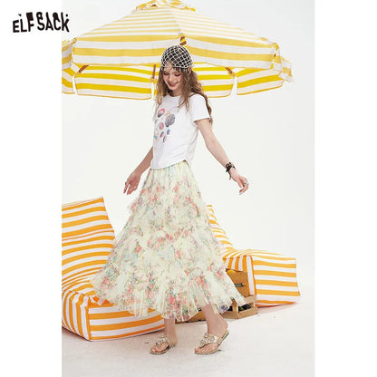 ELFSACK 2025 Summer New Arrivals High Waisted A-Line Floral Chic Skirt For Women