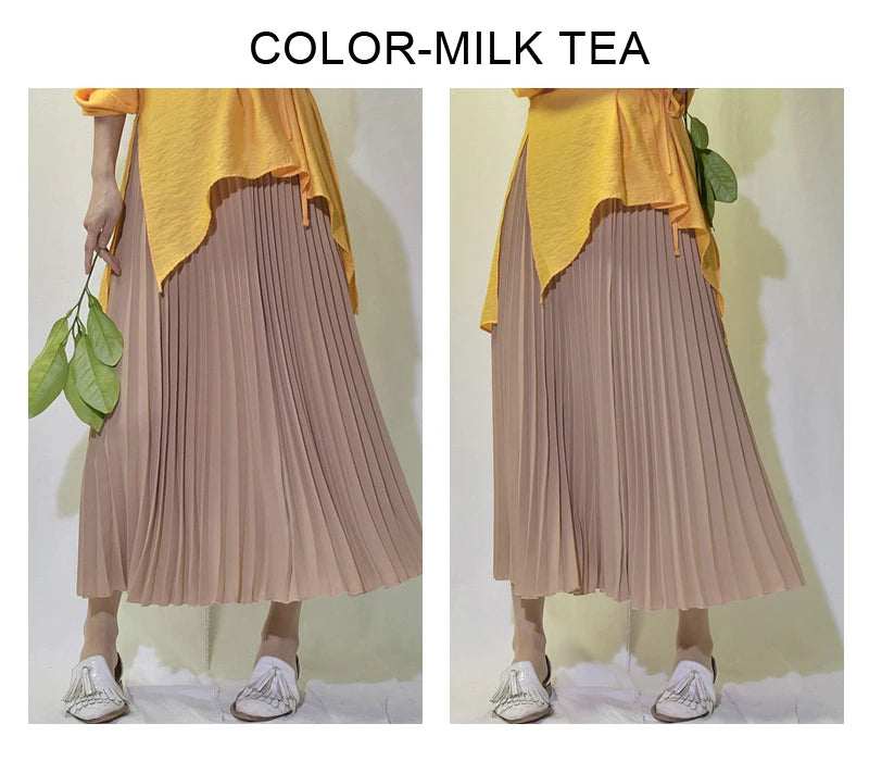 Womens Chic Pleated Swing Long Skirt with Liner Korean Fashion Kawaii Elastic High Waist OL Chiffon Shirring Mermaid Skirts K77