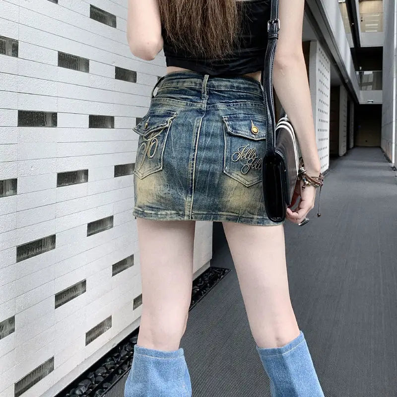 STSVZORR Vintage Embroidery Denim Half Skirt Women's Summer Skirt Water Wash Elastic Wrap Hip Short Skirt