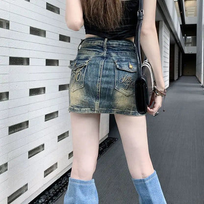 STSVZORR Vintage Embroidery Denim Half Skirt Women's Summer Skirt Water Wash Elastic Wrap Hip Short Skirt