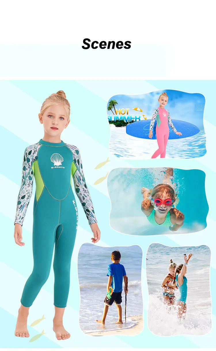 Children Wetsuit 2.5MM Neoprene Diving Suit For Girls Boys One-Piece Swimsuits Long Sleeve Kids Swimwears Snorkeling Rash Guards