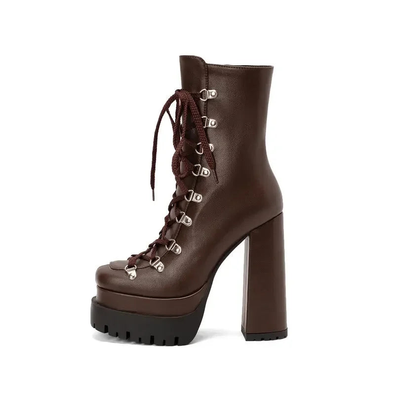 Modern Western Mature Punk Goth Female Winter Super Block High Heeled Shoes Square Toe Lace-up Platform Heels Boots