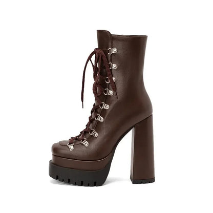 Modern Western Mature Punk Goth Female Winter Super Block High Heeled Shoes Square Toe Lace-up Platform Heels Boots