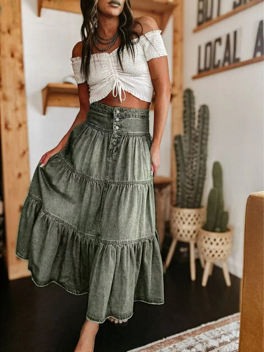 Womens A-Line Denim Long Skirts High Waist Ruffled Hem Midi Denim Skirt Stretchy Button Denim Maxi Skirt Streetwear