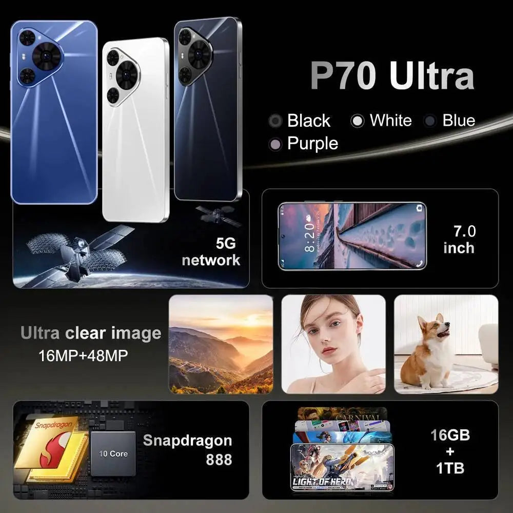 New 2025 HOT P70 Ultra 7.0inch HD Facial Recognition Function Global Edition Original Smart Dual Card 6800Mah Battery