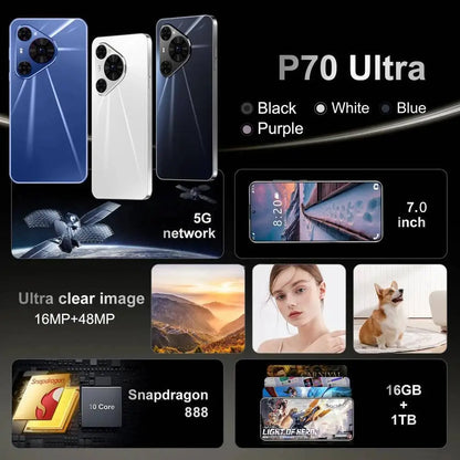 New 2025 HOT P70 Ultra 7.0inch HD Facial Recognition Function Global Edition Original Smart Dual Card 6800Mah Battery