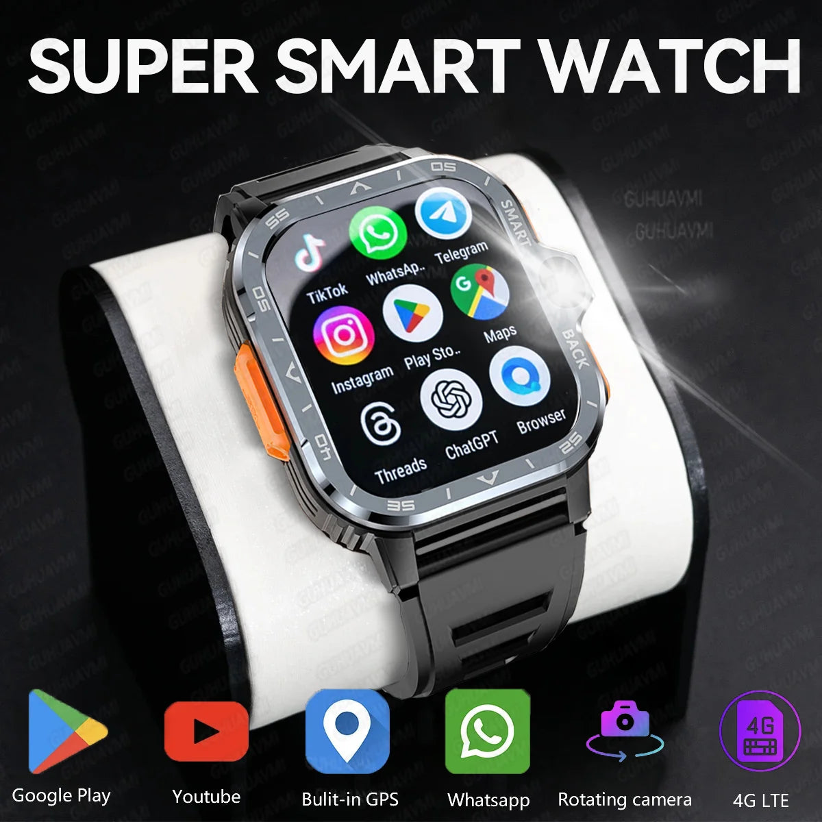 PGD SmartWatch 4G LTE GPS Wifi SIM Card NFC Dual Camera Rugged 64G ROM Storage Heart Rate Sports Smart Watch Men