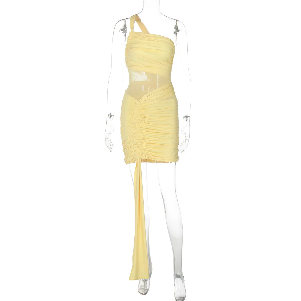 Avrilyaan Mesh Patchwork Backless Sexy Dress Women 2025 Nightclub Party Dress One-Shoulder Ruched Bodycon Mini Summer Dress