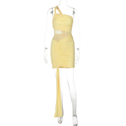 Avrilyaan Mesh Patchwork Backless Sexy Dress Women 2025 Nightclub Party Dress One-Shoulder Ruched Bodycon Mini Summer Dress