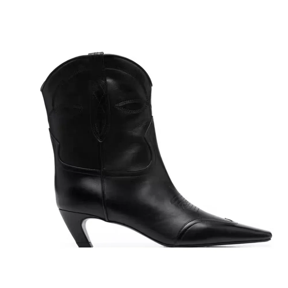 Embroidered Square Toe Cat Heel Western Cowboy Boots Woman Winter 2025 Slip-On Shaped Heel Slim Boots Fashion Shoes for Women