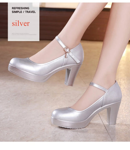 Small Size 32-43 Shallow Thick Bottom White Silver Wedding Shoes Bride Platform Pumps 2025 Block High Heels Shoes for Model Mom