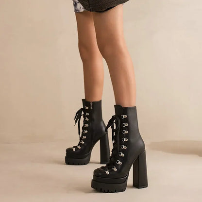 Modern Western Mature Punk Goth Female Winter Super Block High Heeled Shoes Square Toe Lace-up Platform Heels Boots