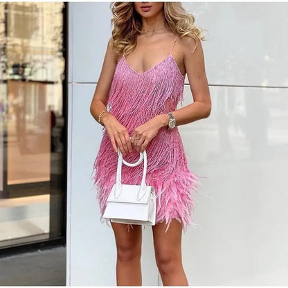 Summer Fashion Elegant Tassel Sequin Dress Women's Sexy Slim Sleeveless V-neck High Waist Suspender Feather Stitching Dresses