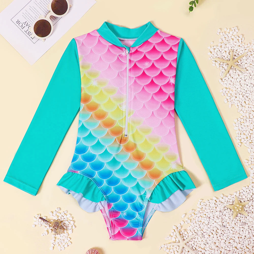 Girls Long Sleeve Swimwear One Piece Swimsuits Kids Striped Rainbow Bathing Suit Hawaiian Beach Swim Shirts for Surfing