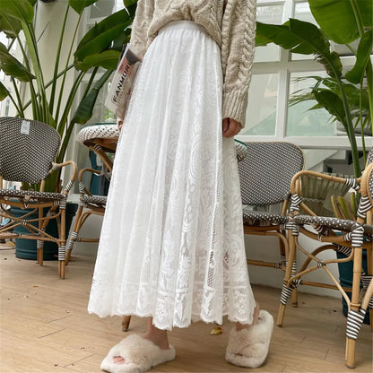 Elegant High Waist Black Big Swing Tulle Skirt Autumn Women'S Lace Mesh Long Skirt Korean Loose All Match Pleated Skirt Clothes