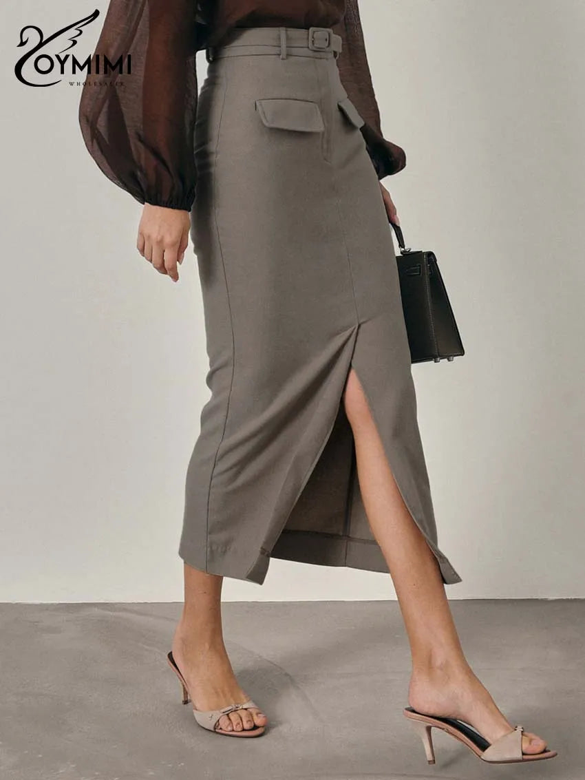 Oymimi Fashion Khaki Slim Skirts For Women Elegant High Waisted Zipper Solid Skirts Casual Pocket Straight Mid-Calf Skirt Female