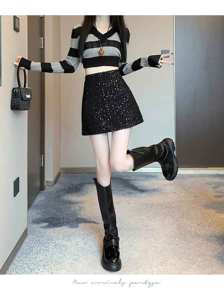 Fashion Y2K Streetwear Winter Mini Skirt Women Glitter Sequin Bodycon Tweed Skirts With Shorts A-Line Pink White Black Faldas