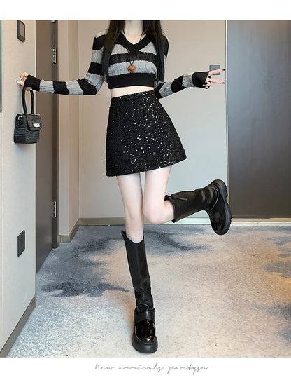 Fashion Y2K Streetwear Winter Mini Skirt Women Glitter Sequin Bodycon Tweed Skirts With Shorts A-Line Pink White Black Faldas