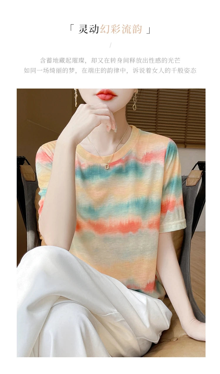 Spring And Summer New Lyocell Short Sleeve Sweater Loose Thin Half Sleeve T-shirt Printed Top