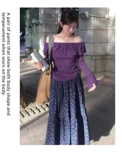 New Elegant Dark Blue Floral Women High-Waisted Retro Blue Floral Skirt Female A-line Skirt Casual Lazy Wind Long Skirt