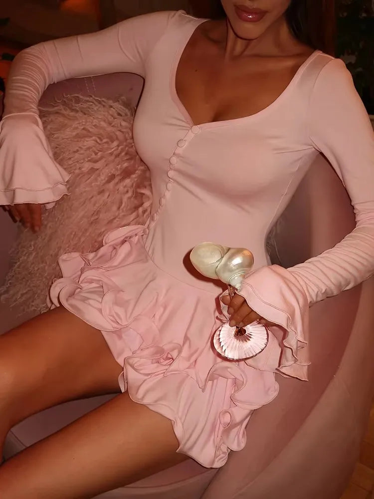 Mozision Flare Sleeve Ruffle Sexy Mini Dress Women Robe Irregular Single-breasted V Neck High Waist Slim A-line Club Dress