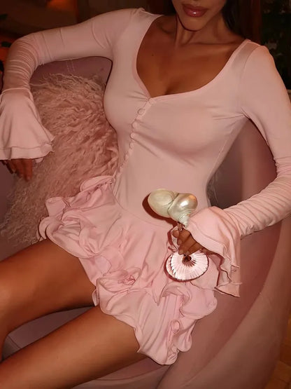 Mozision Flare Sleeve Ruffle Sexy Mini Dress Women Robe Irregular Single-breasted V Neck High Waist Slim A-line Club Dress