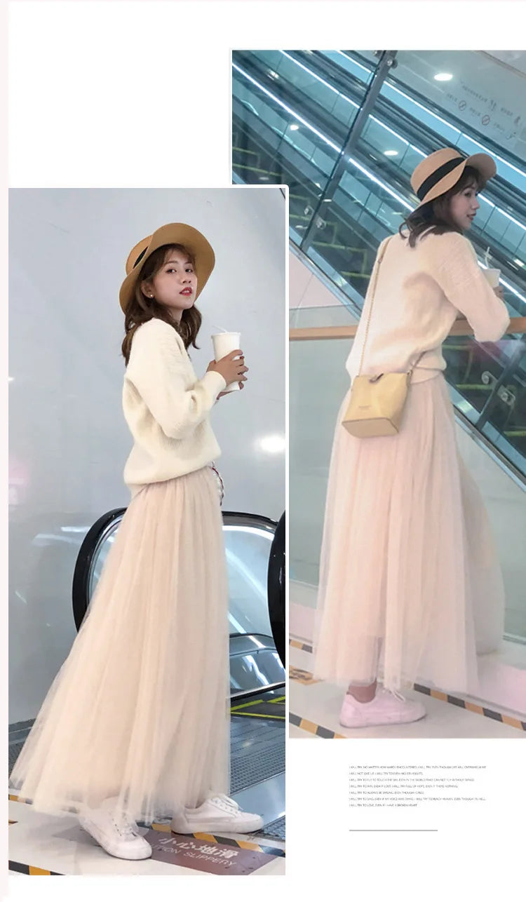 Women Mesh Elastic Tutu Skirt Beach Spring Summer Korean High Waist Fashion Pleated Long Skirt Black White Tulle Skirts LSK010