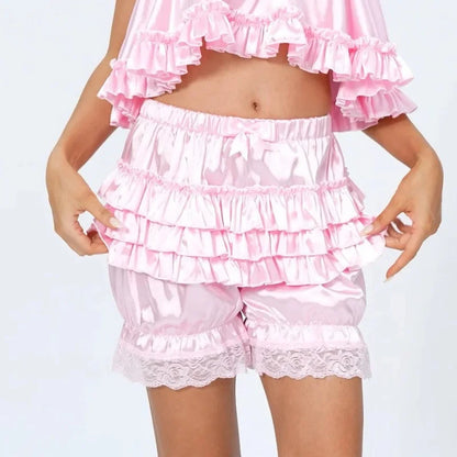Satin Lace Ruffles Lolita Bloomers Shorts Pants Women Pink Tiered Kawaii Pumpkin Panties Y2k Vintage Victorian Bloomer