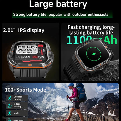 1100mAh Battery Smartwatch Men LED Flashlight Compass BT Call Outdoor Smart Watches Health Monitor Waterproof 100+ Sports Mode