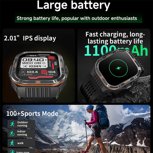 1100mAh Battery Smartwatch Men LED Flashlight Compass BT Call Outdoor Smart Watches Health Monitor Waterproof 100+ Sports Mode