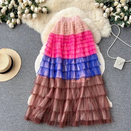 Voille Skirts Women Gradient Y2k High Waist Elastic Jupe Ladies Tulle Mujer Faldas Ruffles Long Female Mesh Skirt Dropshipping